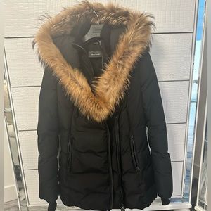 Mackage Ingrid Black Lambskin Leather Down
Parka with Fur Trim Hood. Like new